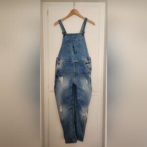 Zara Basic Z975 Women's Jeans Blue Denim Distressed Button Overalls Medium